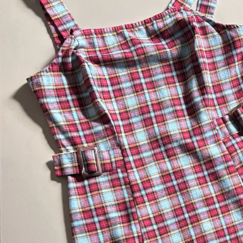 LIVE TO BE SPOILED Y2K Sleeveless Side Buckle Strap 90s Plaid Mini Jumper Dress - Picture 9 of 9
